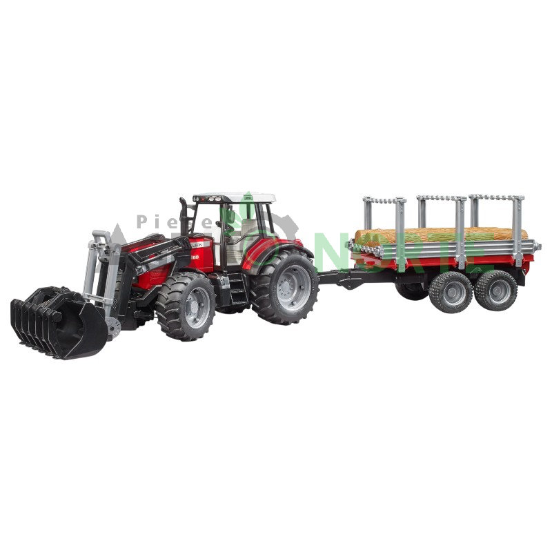 Massey Ferguson 7480 cu încărcător frontal și remorcă lemn